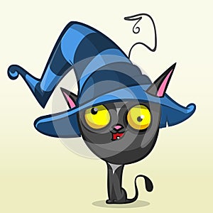 Cartoon Halloween black cat in witch hat. Vector illustration