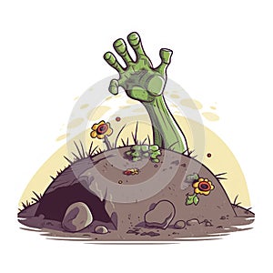 cartoon halloween character, zombie`s hand out of the ground