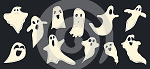 Cartoon halloween ghost, ghosted spooky spirit and mysterious phantoms.