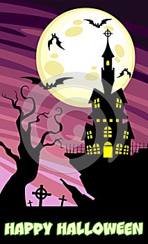 Cartoon Halloween Haunted House In Full Moon