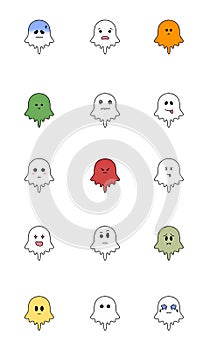 Cartoon Halloween icon set vector. Ghosts show different faces and emotions such as love, angry, surprise, happy, sad, thoughtful