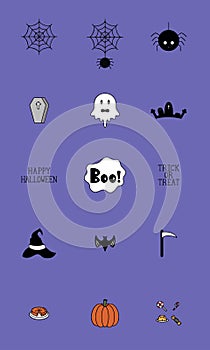 Cartoon Halloween icon set vector. pumpkin, ghost, bat, graves, spider, coffin, Boo, bat, cake, candy, witch hat and trick or