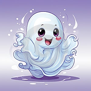 Cartoon Halloween kawaii ghost character holding candies. Isolated baby spook personage with a friendly smile, ready to
