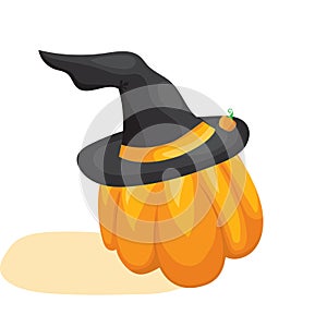 Cartoon Halloween pumpkin in black witches hat Simple vector