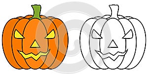 Cartoon halloween pumpkin colorful and black and white. Coloring book page for children. Colored and outline vector carved pumpkin