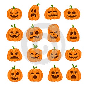 Cartoon halloween pumpkin. Orange pumpkins with carving scary smiling faces. Decoration gourd vegetable happy face