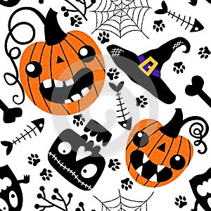 Cartoon Halloween pumpkins seamless ghost and skulls and bones and web and witch hat pattern