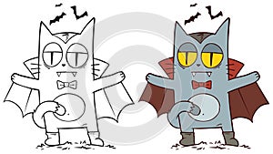 Cartoon Halloween vampire cat in cape with bat