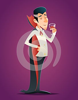 Cartoon Halloween Vampire Gentleman Savor Drink Glass Blood Icon Retro Vintage Design Vector Illustration photo