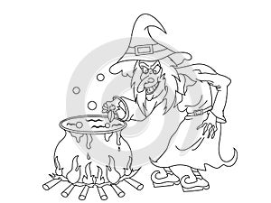 Cartoon Halloween Witch with Cauldron Coloring Page