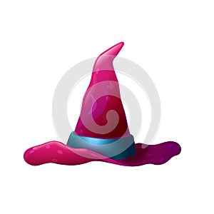 Cartoon Halloween Witch Magic Hat with Strap and Patterns. Isolated Magician Witchcraft Accessory. Pink, Purple and Old