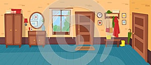 Cartoon hallway background. Panorama with stairs, doors, wardrobe, chest of drawers, mirror, coat rack with clothes, umbrella.Vect