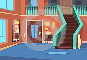 Cartoon hallway. House entrance interior with stairs and mirror. Cartoon indoor vector background