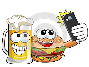 Cartoon hamburger beer characters taking selfie smartphone isolated