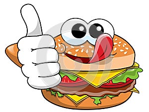 Cartoon hamburger character thumb up licking chops isolated