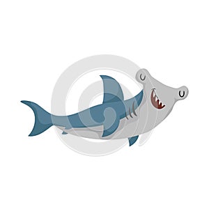Cartoon hammerhead fish. Trendy design shark flat icon. Cheerful and closed eyes.