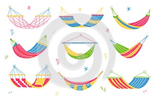 Cartoon hammocks. Colorful summer garden swings, outdoor relax and comfort, backyard recreation, hanging fabric