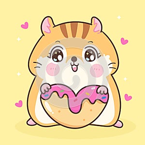 Cartoon hamster eating sweet donut isolated on pastel background