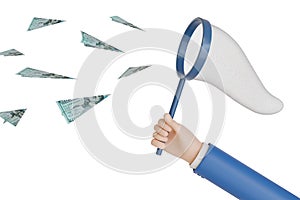 Cartoon hand catching flying dollar bills isolated on white background . Finance business concept. 3d illustration