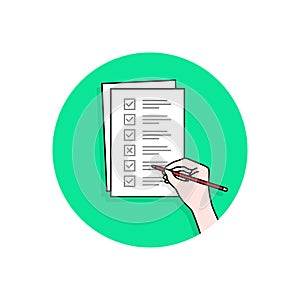 Cartoon hand with checklist task or quiz