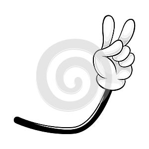 Cartoon Hand and Comic Arm with Five Fingers in White Glove Gesturing Showing V Sign Vector Illustration
