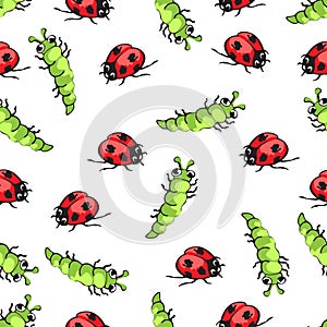 Cartoon hand drawing beetle ladybug and caterpillars seamless pattern, vector background. Funny insects on a white