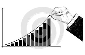 Cartoon of Hand Drawing Histogram Financial Chart or Graph