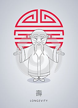 Cartoon hand drawn Asian gray-haired wise old man in national clothes with ornament on background of symbol longevity.