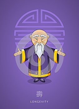 Cartoon hand drawn Asian wise old man in traditional clothes on