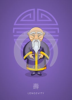 Cartoon hand drawn Asian wise old man in traditional clothes