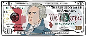 Cartoon hand drawn colorized 10 dollar banknote