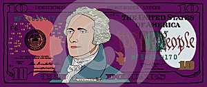 Cartoon hand drawn colorized 10 dollar banknote