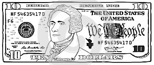 Cartoon hand drawn colorized 10 dollar banknote