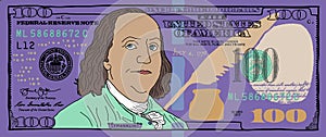 Cartoon hand drawn colorized 100 dollar banknote