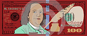 Cartoon hand drawn colorized 100 dollar banknote