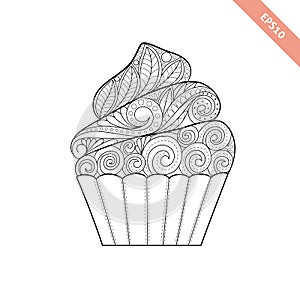 Cartoon hand drawn cupcake with floral doodle ornament.