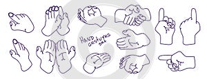 Cartoon hand-drawn different hand gestures set, linear style. Flat icons isolated. Vector Eps 10