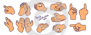 Cartoon hand-drawn different hand gestures set. Flat icons. Vector illustration Eps 10