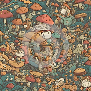Cartoon hand-drawn doodles mushrooms seamless pattern. Colorful detailed, with lots of objects background. Funny vector
