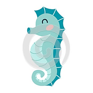 Cartoon hand drawn happy baby sea horse on isolated white background. Character of the sea animals for the logo, mascot