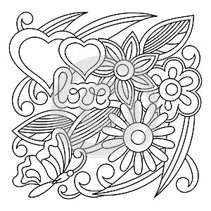 Cartoon hand-drawn Love pattern. Coloring book. Line art with hearts, flowers and leaves, butterfly, detailed black and white