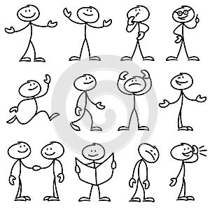 Cartoon hand drawn stick man in different poses vector set