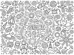 Cartoon hand drawn vector doodle set of Space symbols and objects