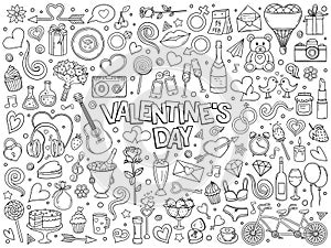 Cartoon hand drawn vector doodle set of Valentine`s Day and Love