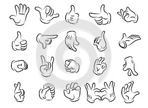 Cartoon hand gestures. Human character body parts with emotion expressions. Arm fingers and fist clipart sketch
