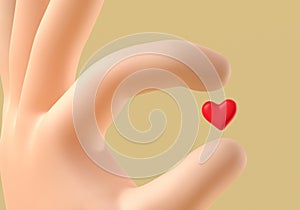 Cartoon hand giving heart. Hand holding little red heart. Concept of love, charity and donation