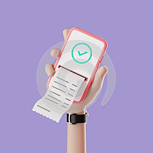 Cartoon hand hold smartphone with successful operation and paper check. 3d render illustration.