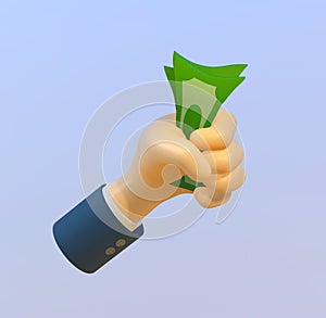 Cartoon hand holding banknote.,3D Illustration., 3D cartoon hand of businessman holding  banknote for payment