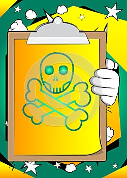 Cartoon Hand holding banner with Computer virus sign on white paper.