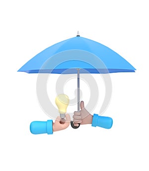 Cartoon hand holding blue umbrella to protect light bulb, copyright concept